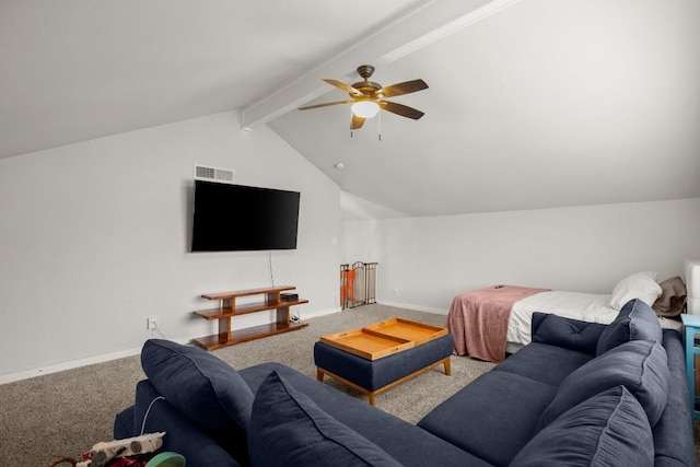 carpeted living area with vaulted ceiling with beams, baseboards, a ceiling fan, and visible vents