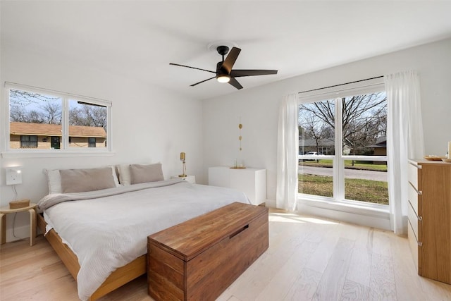 bedroom with ceiling fan and light wood finished floors