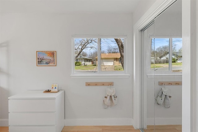 bathroom with plenty of natural light, baseboards, and wood finished floors