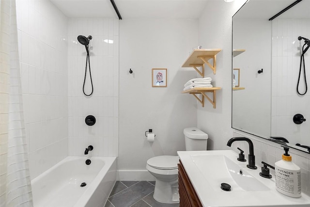 full bathroom with baseboards, toilet, tile patterned flooring, shower / bath combination with curtain, and vanity