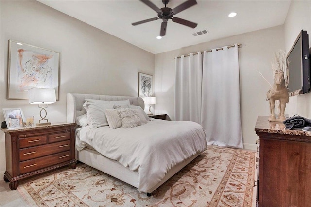 bedroom with ceiling fan, visible vents, and recessed lighting