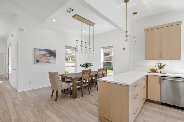 kitchen with light brown cabinets, a peninsula, visible vents, ornamental molding, and dishwasher