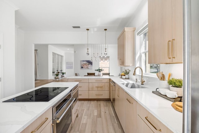 kitchen featuring stainless steel appliances, light brown cabinets, a sink, and visible vents