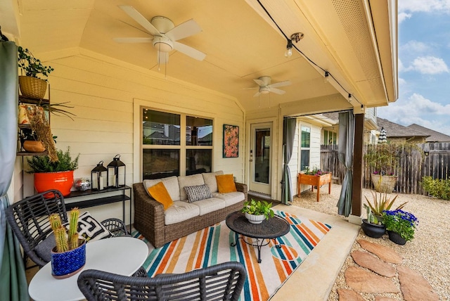 view of patio featuring an outdoor hangout area, ceiling fan, and fence