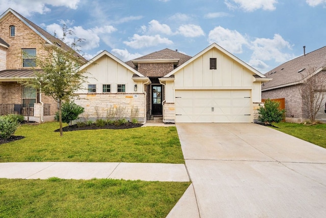 view of front facade featuring driveway, a front lawn, board and batten siding, and an attached garage