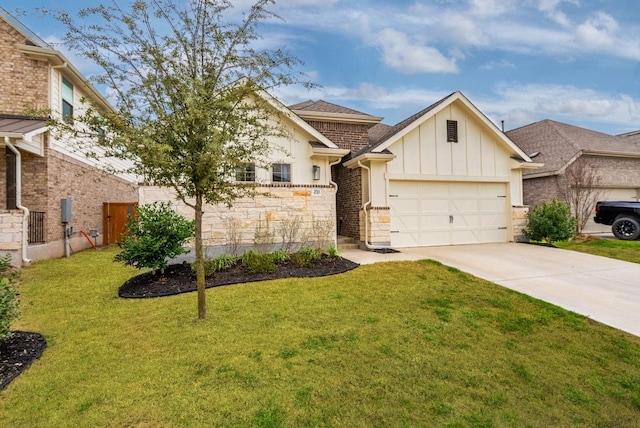 view of front facade with a garage, fence, concrete driveway, a front lawn, and board and batten siding