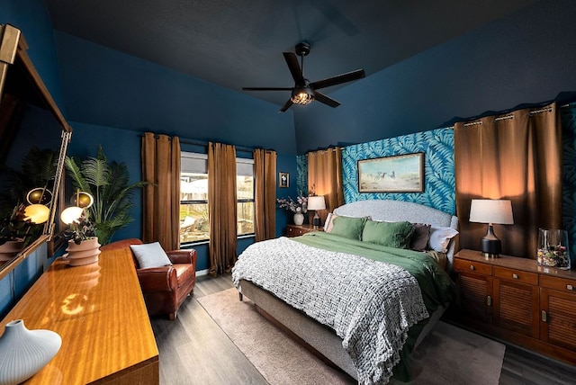 bedroom with ceiling fan and wood finished floors