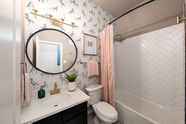 full bathroom with shower / bath combo, vanity, toilet, and wallpapered walls