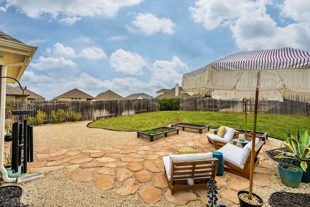 view of patio / terrace featuring a fenced backyard and a vegetable garden