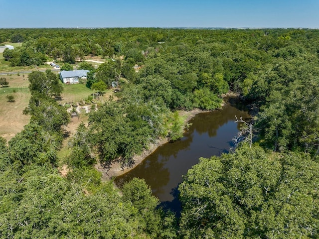 birds eye view of property featuring a water view and a forest view