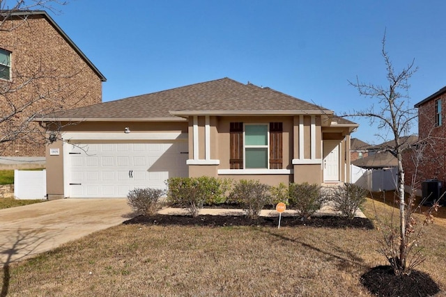 view of front of home with a garage, driveway, a shingled roof, and stucco siding