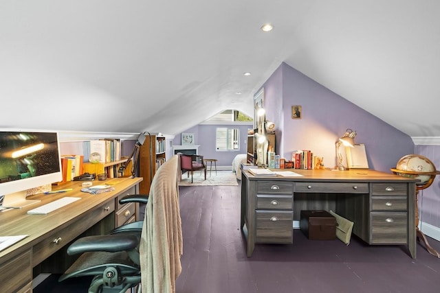 office area featuring lofted ceiling, dark wood finished floors, and recessed lighting