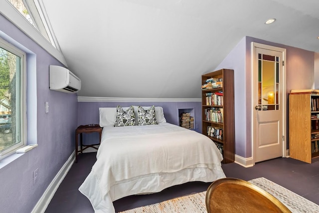 bedroom featuring recessed lighting, baseboards, vaulted ceiling, and a wall mounted AC