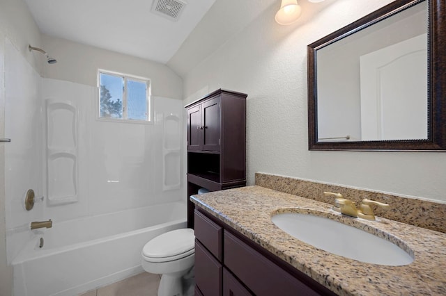 full bath featuring toilet, washtub / shower combination, visible vents, and vanity