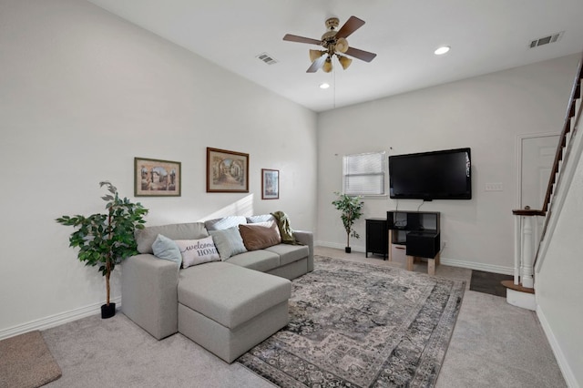 106 Park Dr, Bastrop, TX 78602 - living room with a ceiling fan, carpet flooring, recessed lighting, and stairway