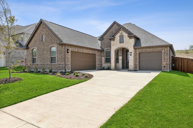 french country home featuring a garage, a shingled roof, a front lawn, and brick siding