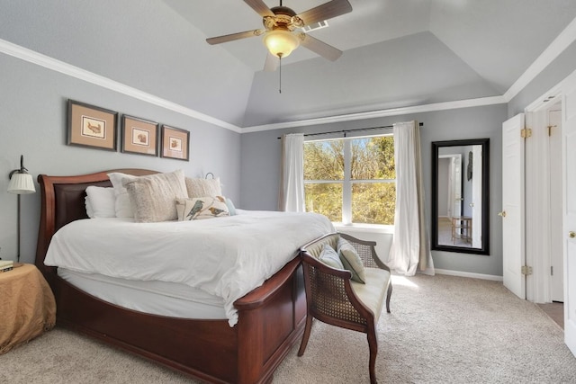 bedroom featuring vaulted ceiling, crown molding, baseboards, and light colored carpet