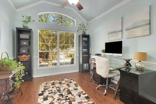 office space featuring a ceiling fan, ornamental molding, vaulted ceiling, and wood finished floors