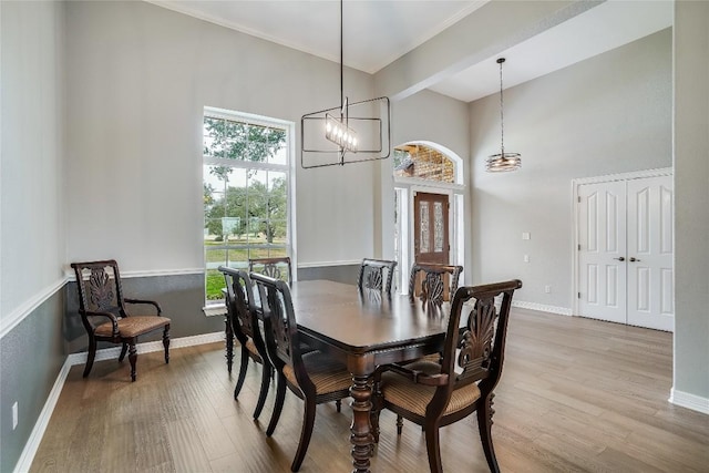 dining area with a high ceiling, baseboards, and wood finished floors