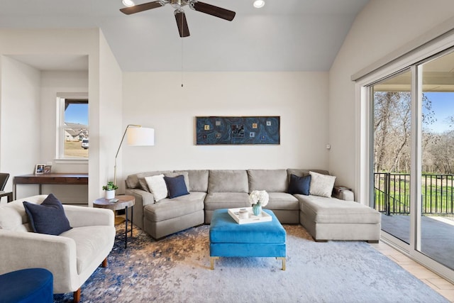 193 Raptor Beak Way, Cedar Creek, TX 78612 - living room featuring vaulted ceiling, ceiling fan, and wood finished floors