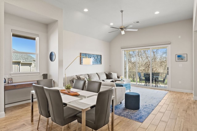 193 Raptor Beak Way, Cedar Creek, TX 78612 - dining area featuring light wood-style flooring, a ceiling fan, lofted ceiling, and recessed lighting