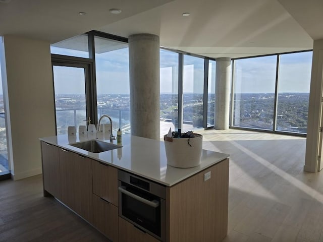 kitchen featuring modern cabinets, wood finished floors, a kitchen island with sink, stainless steel oven, and a sink