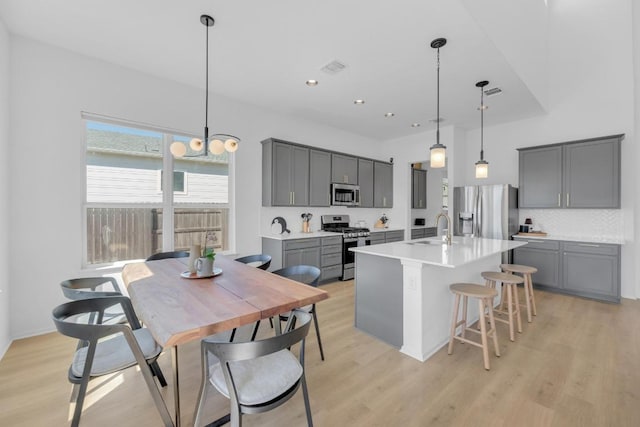 kitchen with light wood finished floors, an island with sink, gray cabinets, stainless steel appliances, and a sink