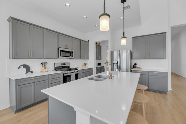 kitchen with a center island with sink, appliances with stainless steel finishes, gray cabinetry, light wood-type flooring, and a sink