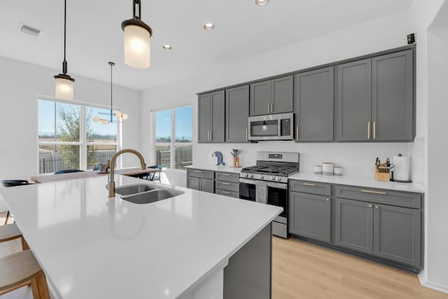 kitchen with light countertops, visible vents, decorative backsplash, appliances with stainless steel finishes, and a sink