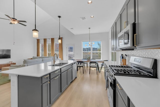 kitchen with visible vents, open floor plan, gray cabinets, stainless steel appliances, and a sink