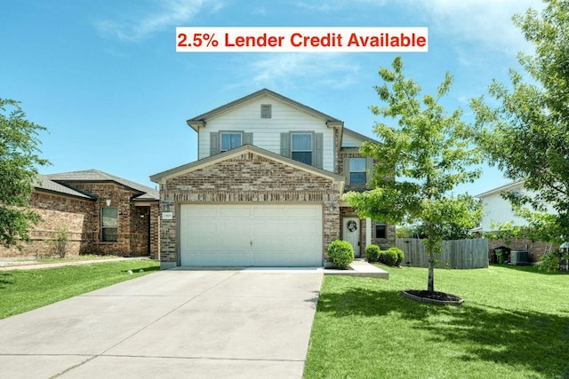 13505 Abraham Lincoln St, Manor, TX 78653 - traditional-style home featuring driveway, an attached garage, central AC unit, and brick siding