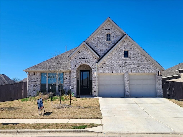 french country inspired facade with a garage, brick siding, concrete driveway, and fence