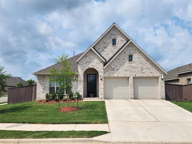 522 Jefferson Dr, Kyle, TX 78640 - french country inspired facade with driveway, brick siding, and an attached garage