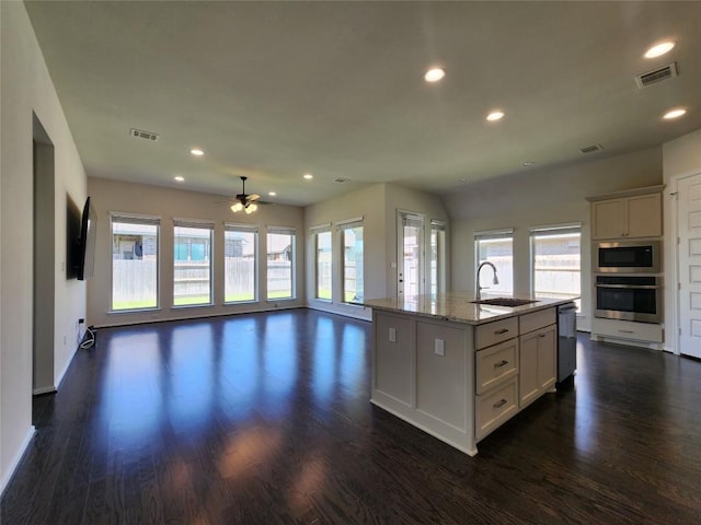 522 Jefferson Dr, Kyle, TX 78640 - kitchen with appliances with stainless steel finishes, dark wood-style floors, recessed lighting, a ceiling fan, and healthy amount of natural light
