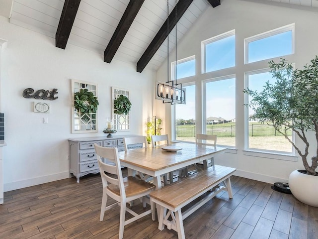 dining area with a chandelier, beamed ceiling, dark wood finished floors, and baseboards