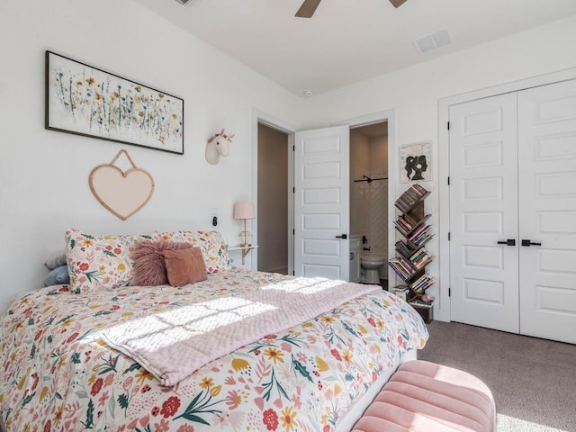 bedroom with ceiling fan, visible vents, a closet, and carpet flooring