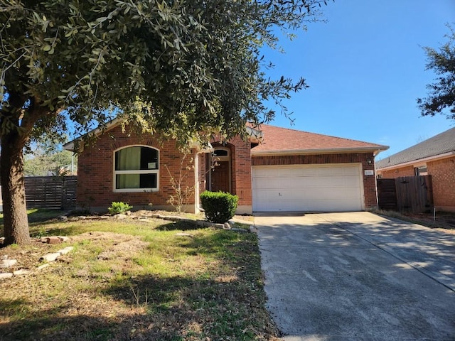 single story home with brick siding, roof with shingles, fence, a garage, and driveway