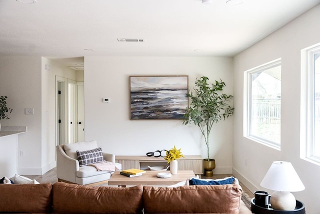 living area with wood finished floors, visible vents, and baseboards