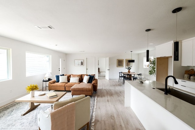 living area with light wood finished floors, visible vents, and baseboards