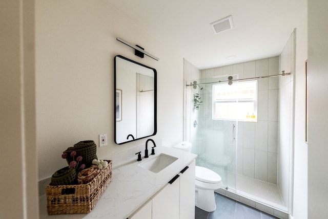 bathroom featuring toilet, a stall shower, vanity, and visible vents