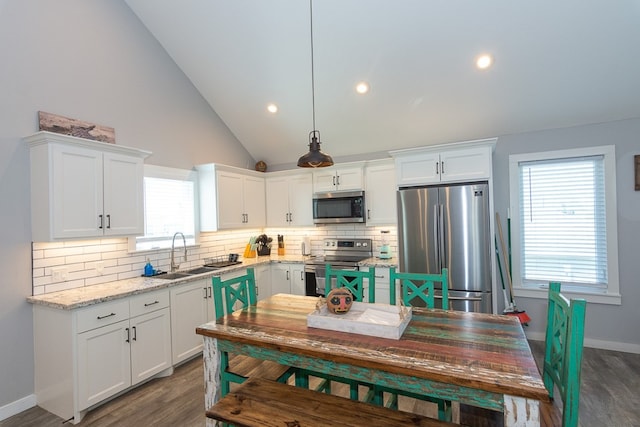 kitchen featuring appliances with stainless steel finishes, a sink, decorative backsplash, and wood finished floors