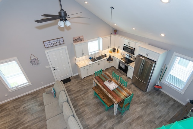 interior space featuring high vaulted ceiling, dark wood-style flooring, plenty of natural light, and recessed lighting