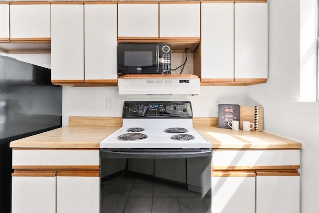 kitchen featuring light countertops, white cabinetry, under cabinet range hood, and black appliances