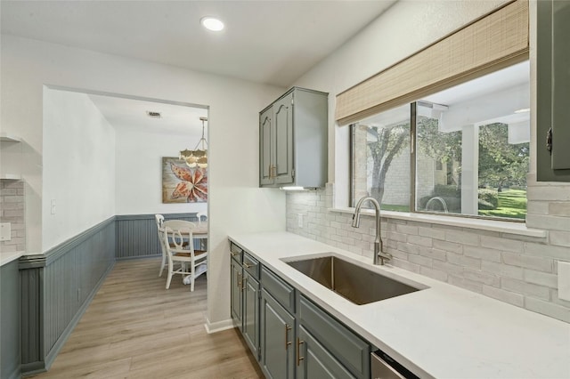 608 Sombrero Dr, Horseshoe Bay, TX 78657 - kitchen with light countertops, gray cabinets, a sink, and wainscoting