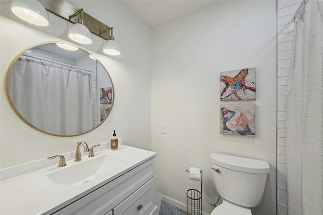 608 Sombrero Dr, Horseshoe Bay, TX 78657 - full bathroom with toilet, baseboards, a shower with shower curtain, and vanity