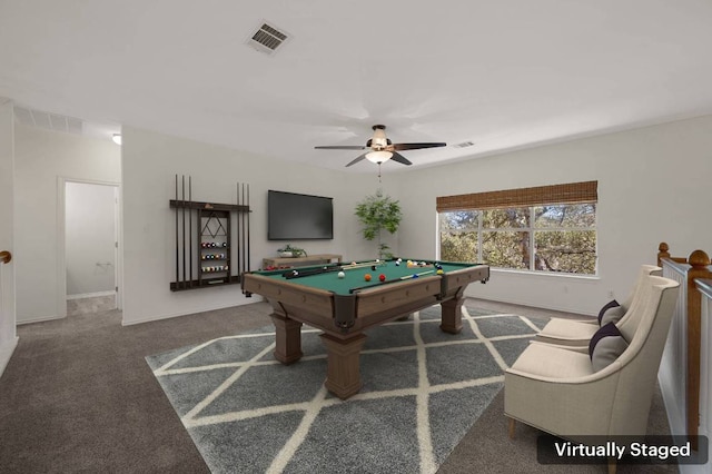 game room with carpet, visible vents, billiards, and ceiling fan