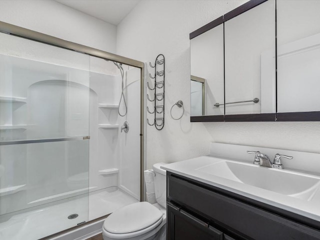 bathroom featuring toilet, a shower stall, and vanity