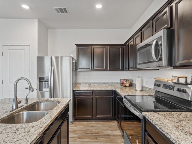 kitchen featuring a sink, visible vents, dark brown cabinets, appliances with stainless steel finishes, and light wood-type flooring