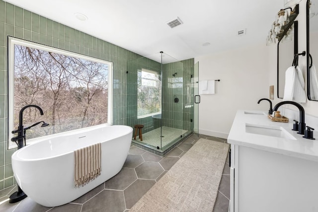 full bath featuring tile patterned flooring, a sink, a freestanding bath, a shower stall, and double vanity