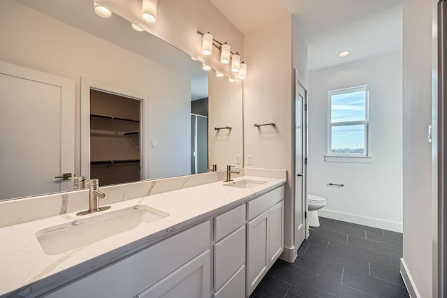 full bathroom with toilet, a sink, baseboards, and double vanity